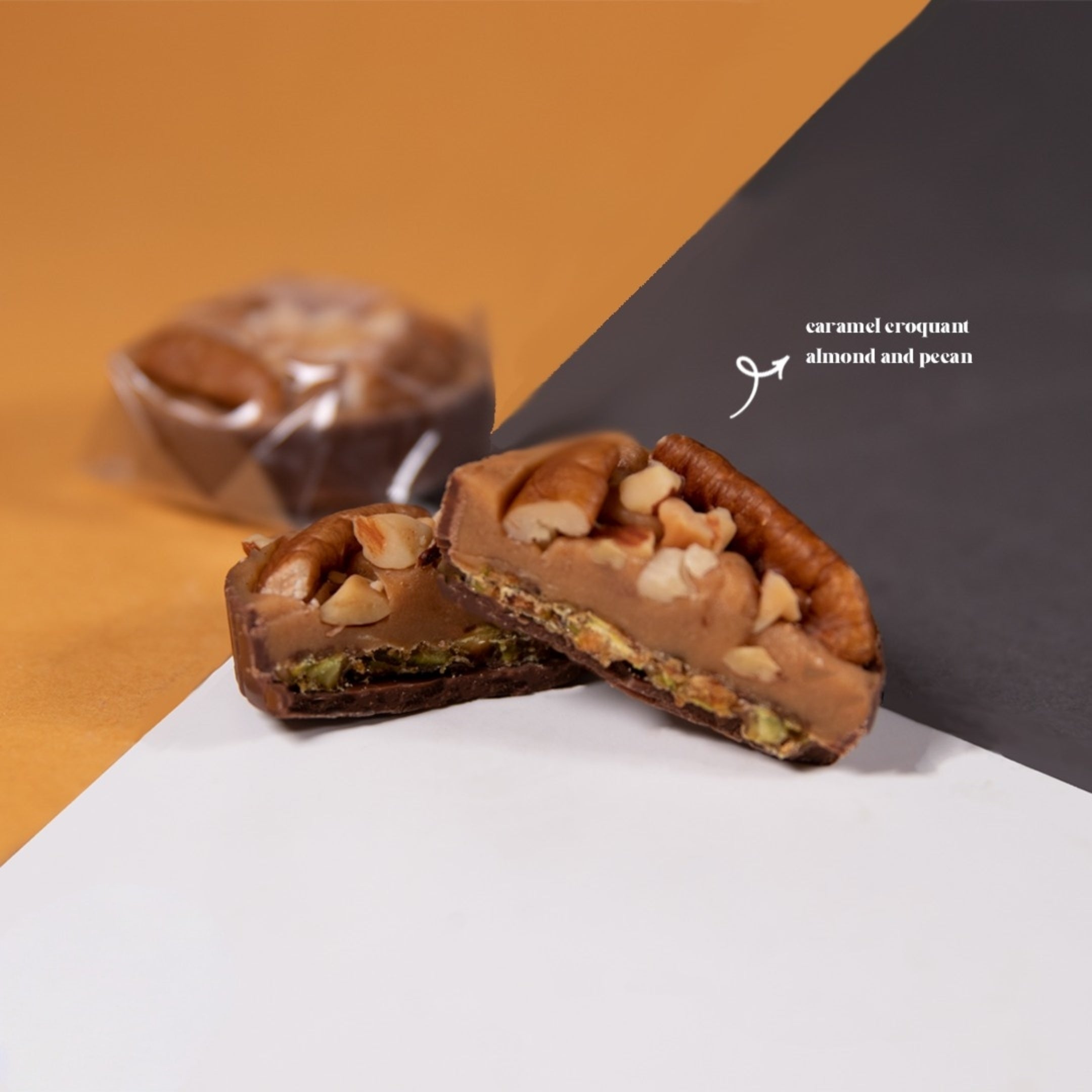 Chocolate Caramel Croquant Almond and Pecan