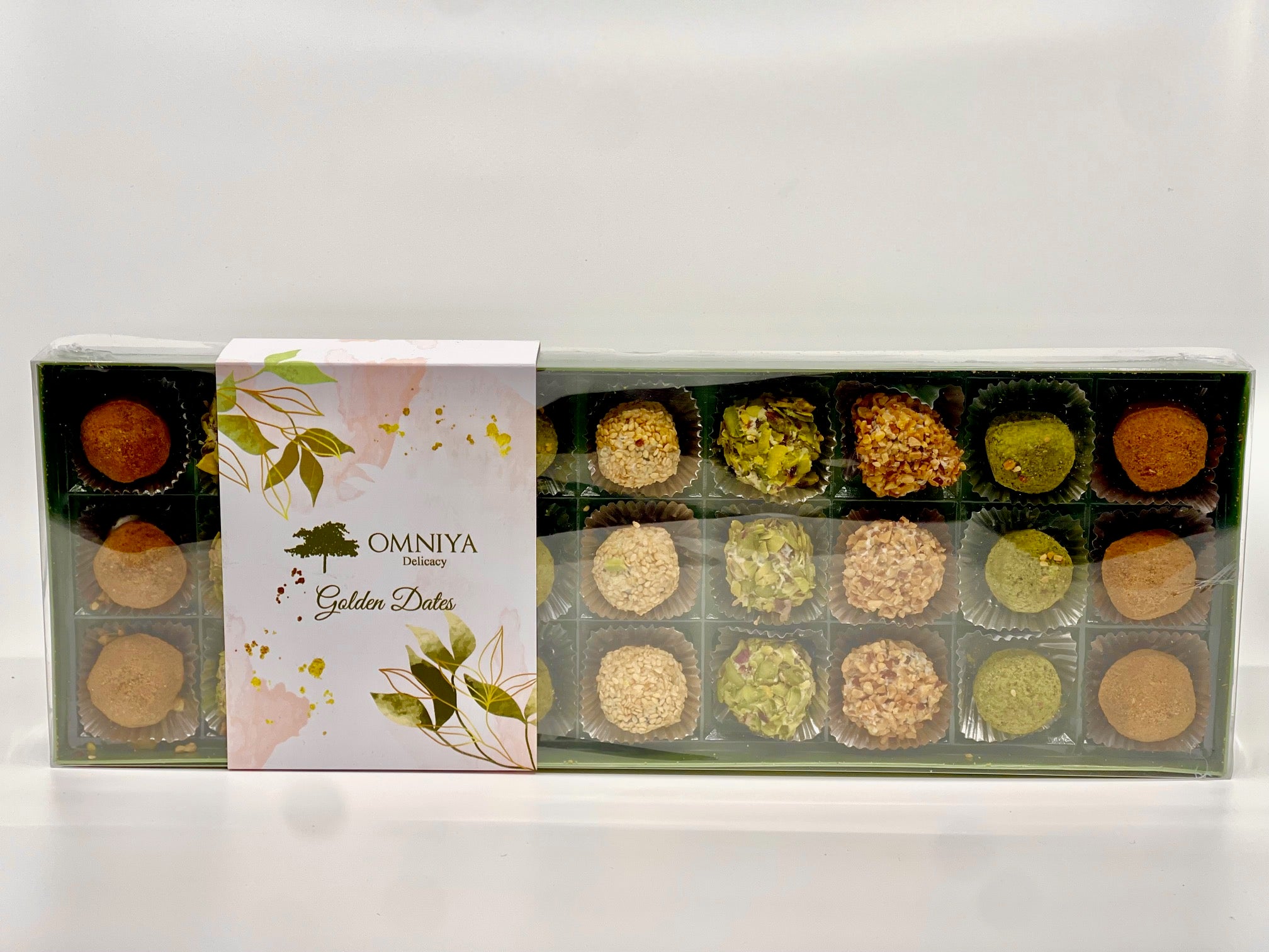 Omniya Luxury Assorted Date Treats – 27 Gourmet Date Paste Pieces Coated in Pistachio, Lotus, Sesame, and Almond – High-Quality & Delicious Gift Box