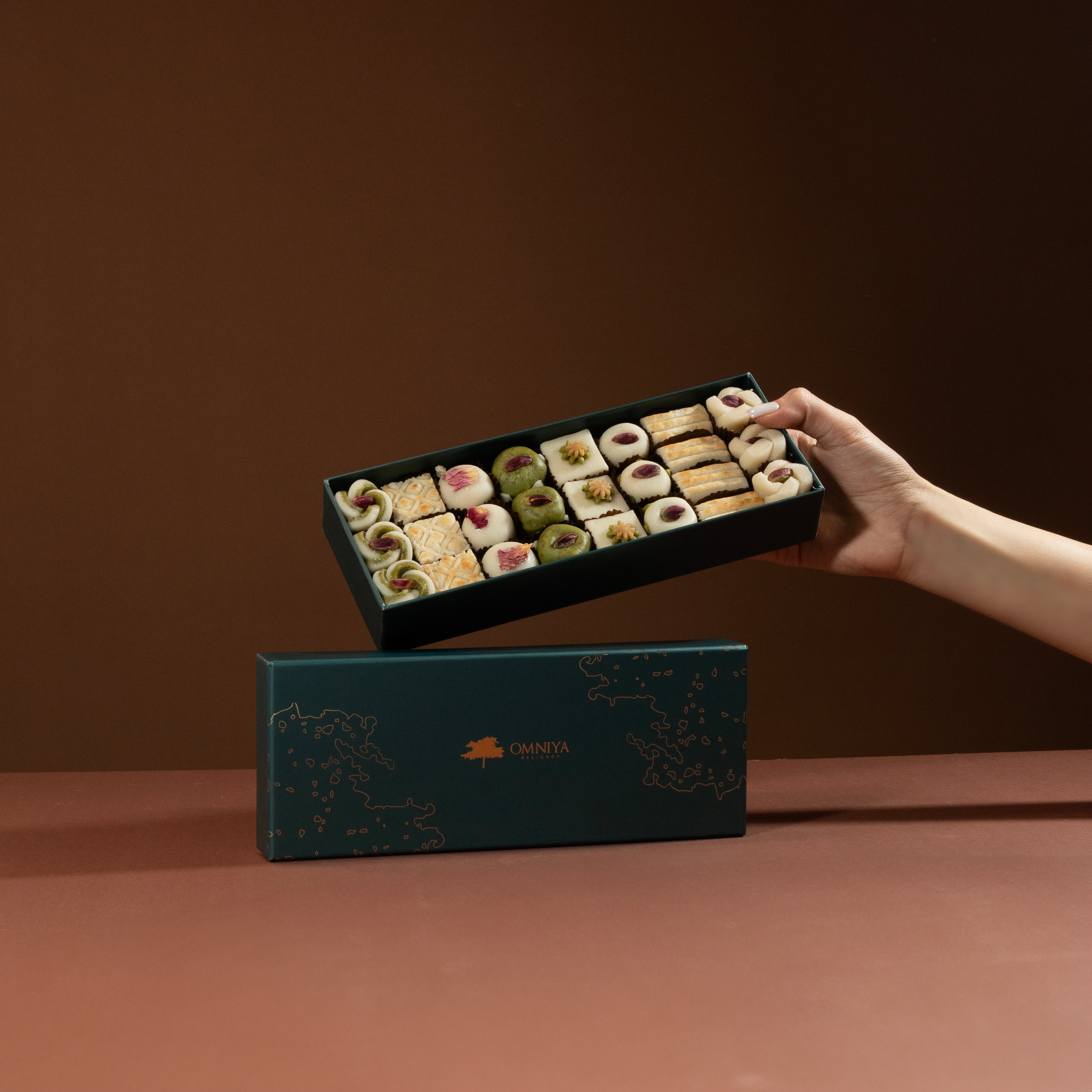 OMNIYA Delicacy Marzipan Lozina Box (1 LB, 25 Pieces) – Premium Mediterranean Marzipan Sweets with Pistachio & Rose – Gourmet Gift Box for Eid, Christmas, Weddings & Special Occasions