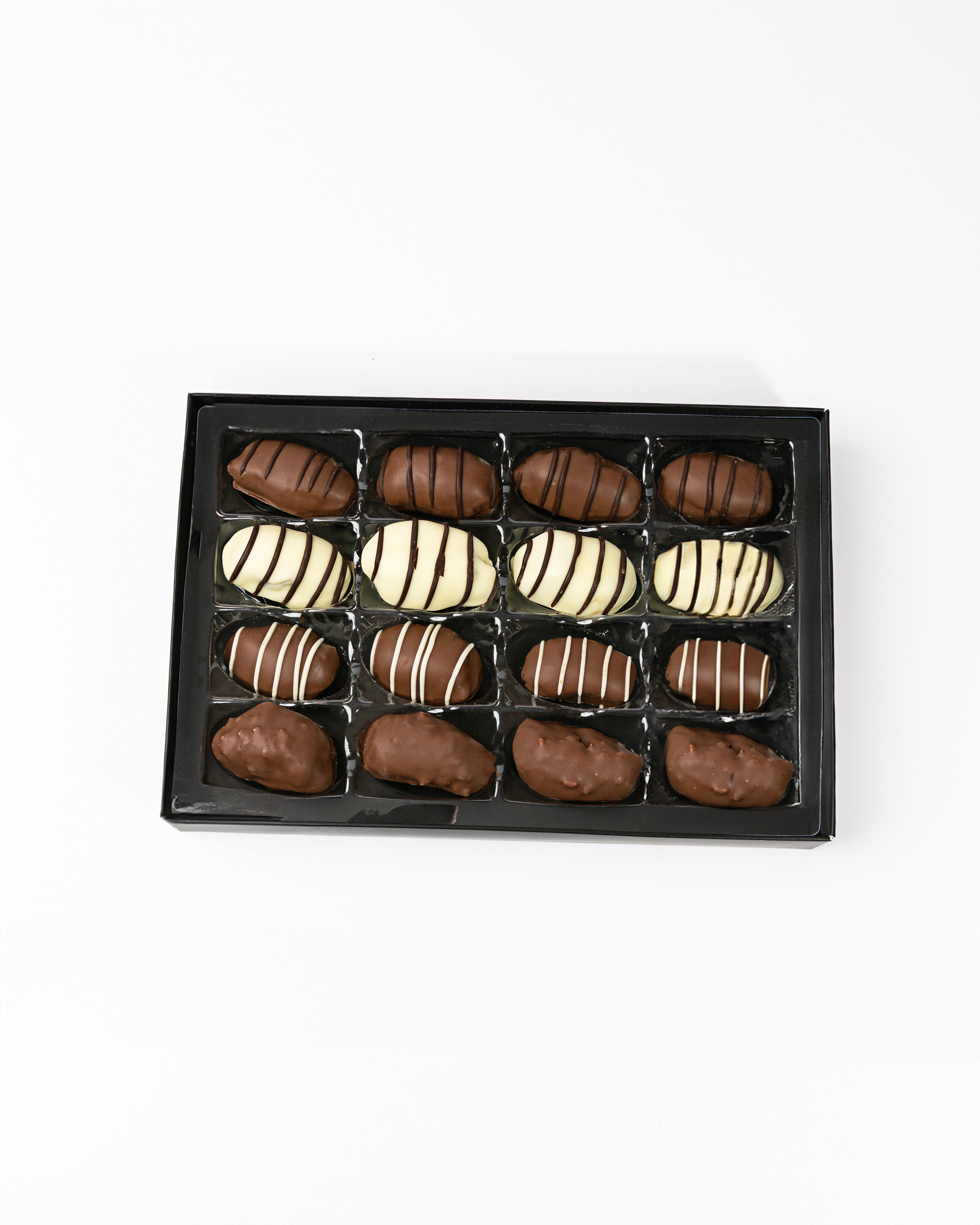 OMNIYA Delicacy – Chocolate Exquisite Dates Box (1 Count, 12-Piece Medjool Dates) – Stuffed & Coated with Milk Chocolate, Pistachio, Caramel & Lotus – Premium Middle Eastern Gift