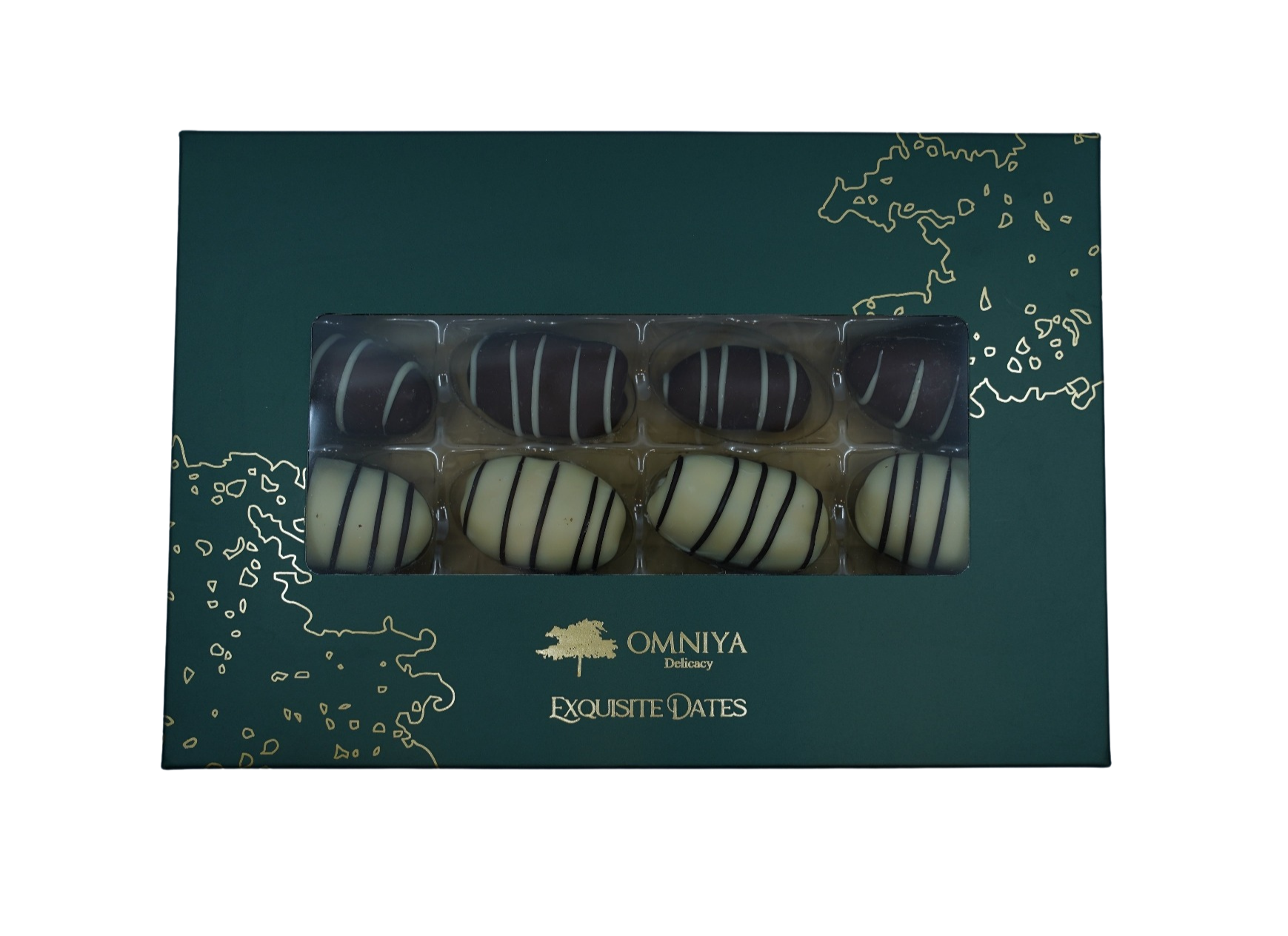 OMNIYA Delicacy – Chocolate Exquisite Dates Box (1 Count, 12-Piece Medjool Dates) – Stuffed & Coated with Milk Chocolate, Pistachio, Caramel & Lotus – Premium Middle Eastern Gift