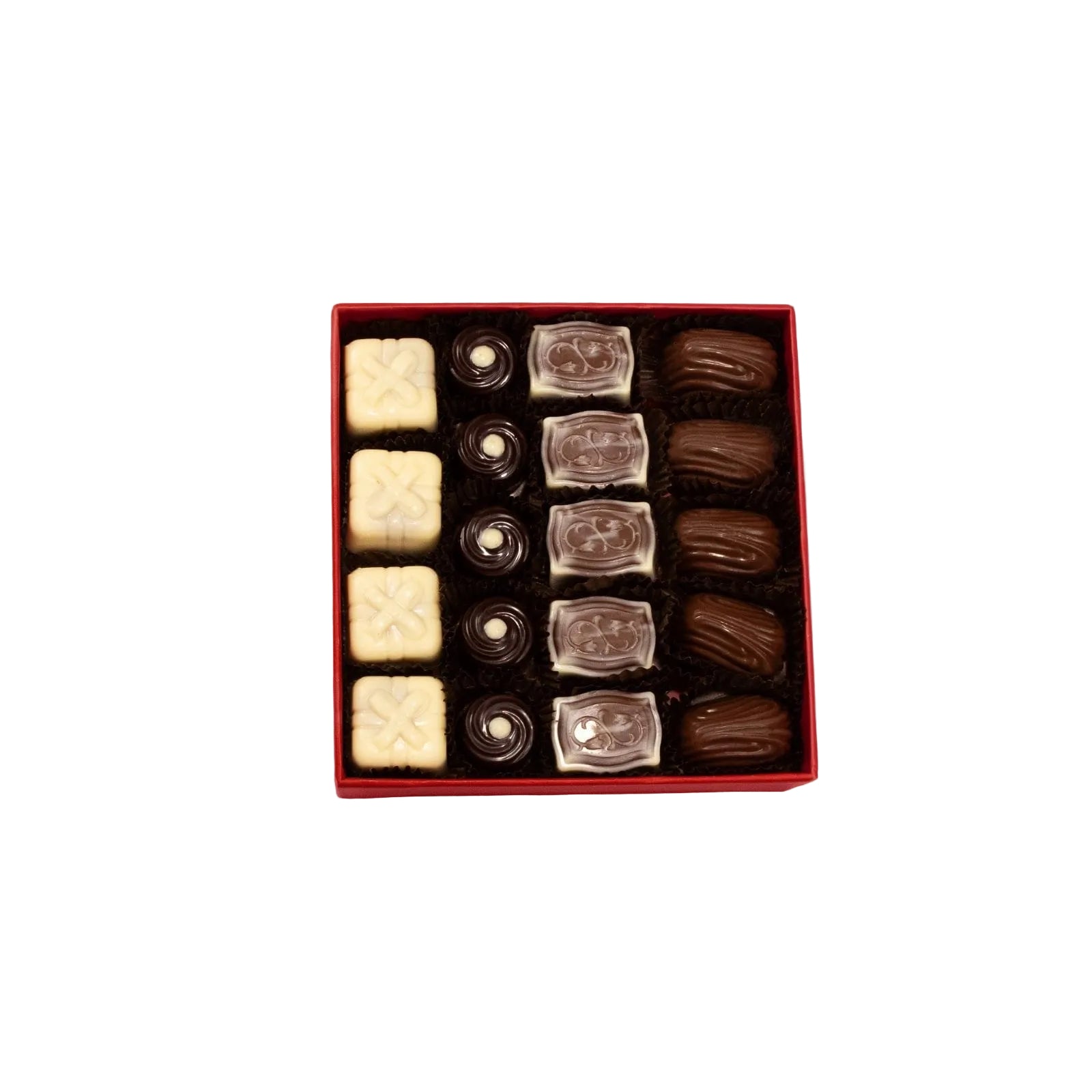 Omniya Delicacy Valentine's Chocolate Box – Elegant Assorted Chocolates with Cheesecake, Pistachio, Rice Crispy, and Caramel Delights – Perfect Gift for Loved Ones" (19 PCS)