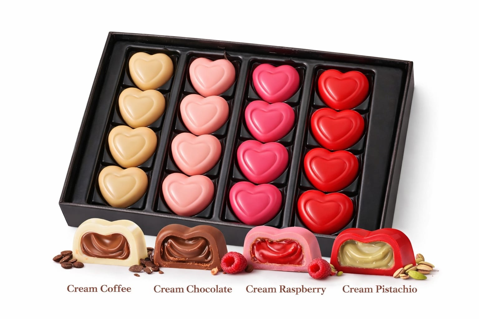 Box of heart-shaped chocolate candies with different flavors on a white background