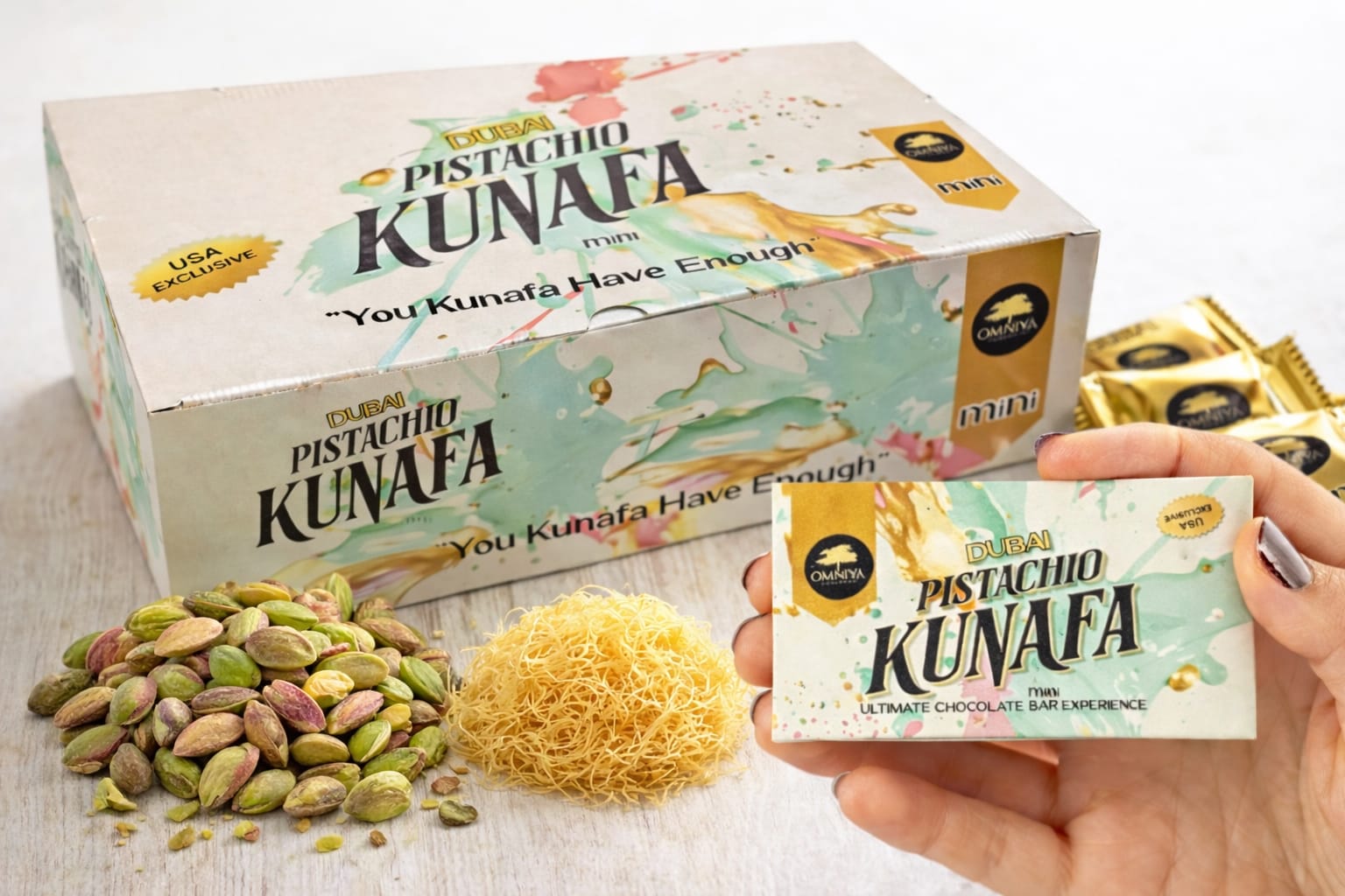 OMNIYA Delicacy Mini Dubai Pistachio Kunafa Chocolate Bar 40g – Belgian Milk Chocolate with Crispy Kunafa & Pistachio Cream Filling – Viral Middle Eastern Gourmet Treat