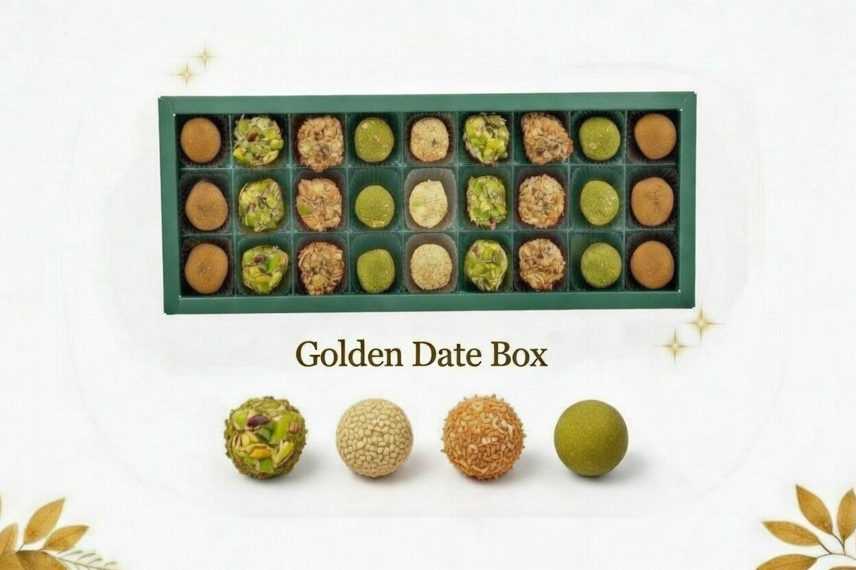 Omniya Luxury Assorted Date Box – 27 Gourmet Date Paste Pieces Coated in Pistachio, Lotus, Sesame, and Almond – High-Quality & Delicious Gift Box