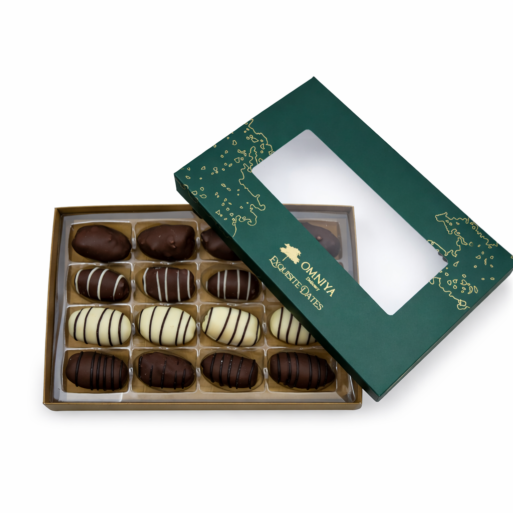 OMNIYA Delicacy – Chocolate Exquisite Dates Box (1 Count, 12-Piece Medjool Dates) – Stuffed & Coated with Milk Chocolate, Pistachio, Caramel & Lotus – Premium Middle Eastern Gift