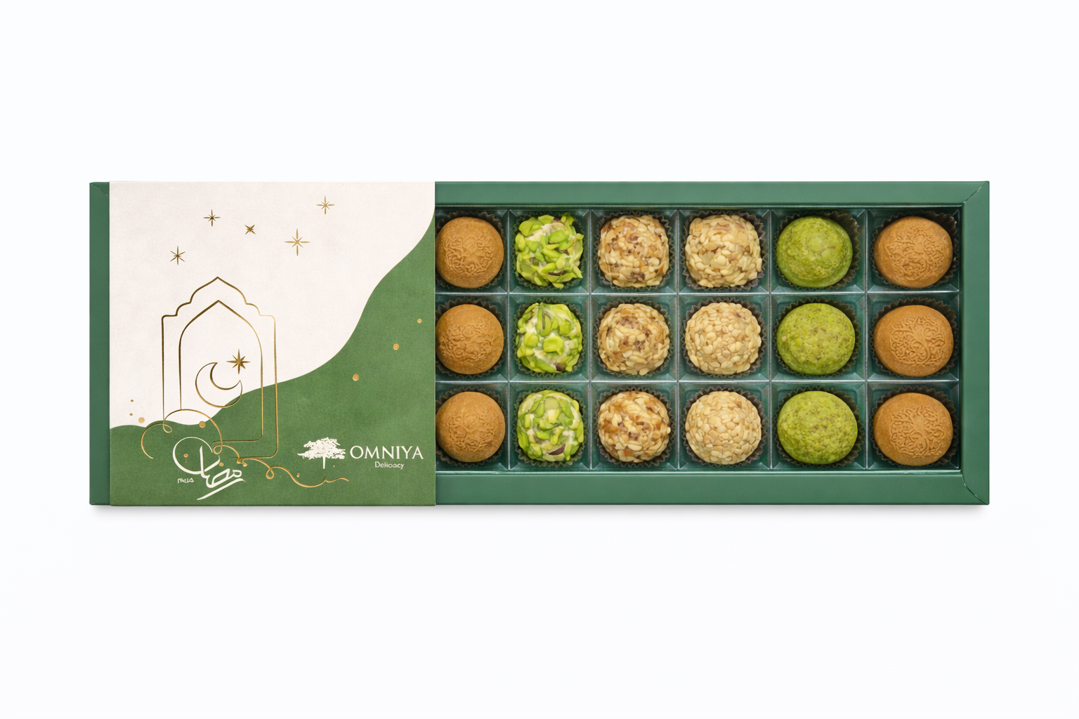 Omniya Luxury Assorted Date Box – 27 Gourmet Date Paste Pieces Coated in Pistachio, Lotus, Sesame, and Almond – High-Quality & Delicious Gift Box