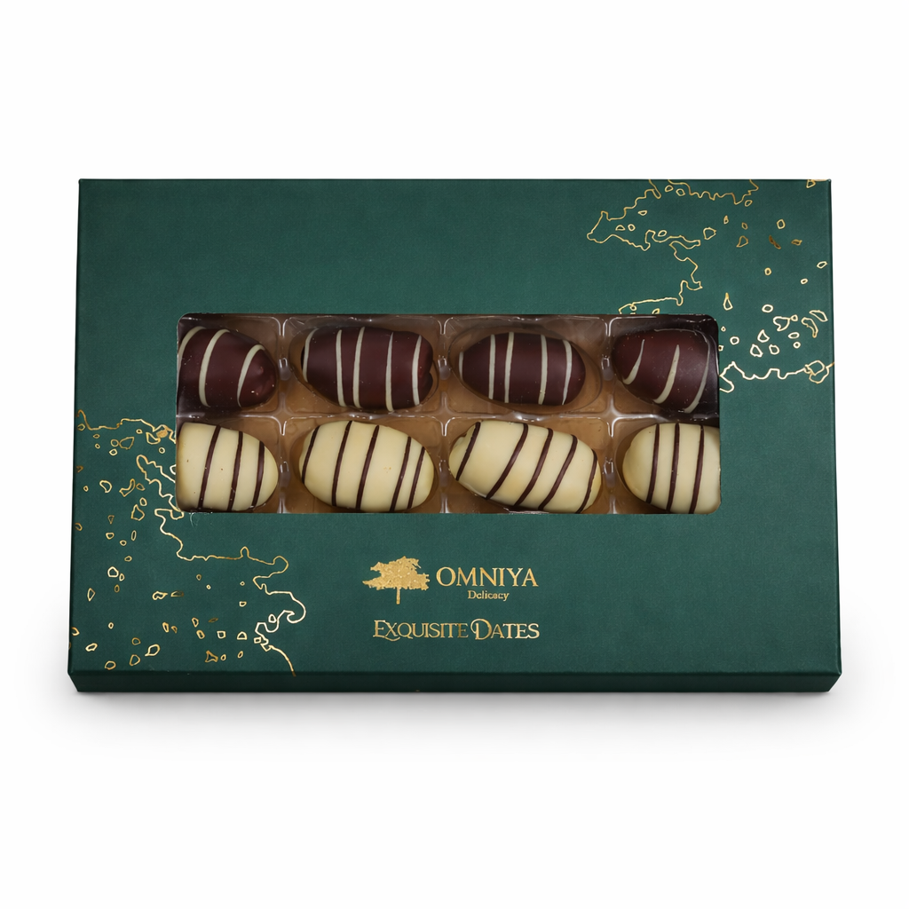 OMNIYA Delicacy – Chocolate Exquisite Dates Box (1 Count, 12-Piece Medjool Dates) – Stuffed & Coated with Milk Chocolate, Pistachio, Caramel & Lotus – Premium Middle Eastern Gift