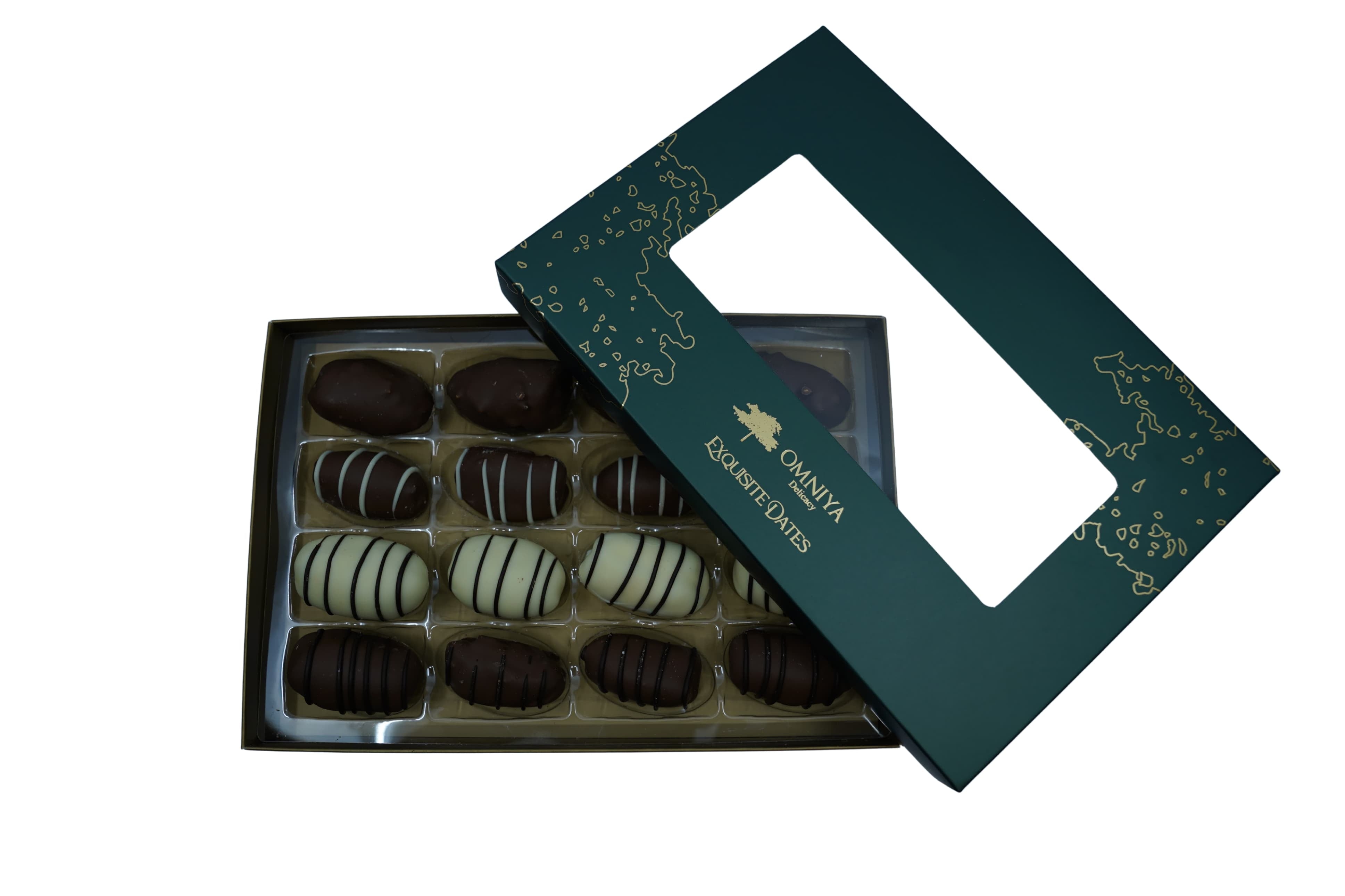 OMNIYA Delicacy – Chocolate Exquisite Dates Box (1 Count, 12-Piece Medjool Dates) – Stuffed & Coated with Milk Chocolate, Pistachio, Caramel & Lotus – Premium Middle Eastern Gift