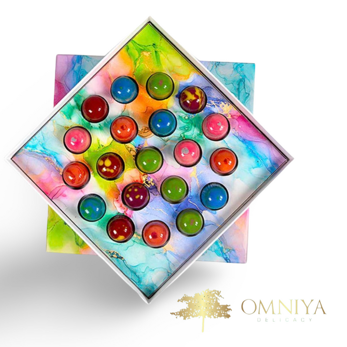 Omniya Delicacy Chocolate Galaxy Bonbon Box – 20 Artisan Bonbons with Gourmet Fillings – Pistachio, Hazelnut, Coffee, Cheesecake, Nutella & Lemon Feuilletine – Luxury Gift Box, 12 oz