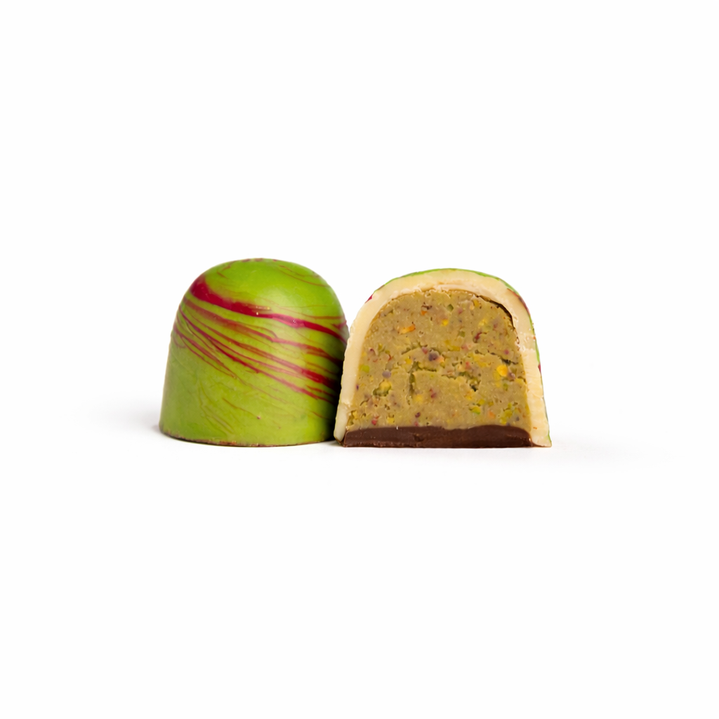 OMNIYA Delicacy Chocolate Galaxy Crystal Green Crème Pistachio – Handcrafted Belgian White Chocolate Bonbon Filled with Pistachio Crème – Gourmet Artisan Dessert Gift