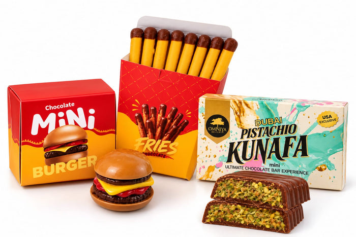 OMNIYA Sweet Combo – Sweet Fries, Mini Sweet Burger & Mini Dubai Pistachio Kunafa Chocolate Bar (40g)