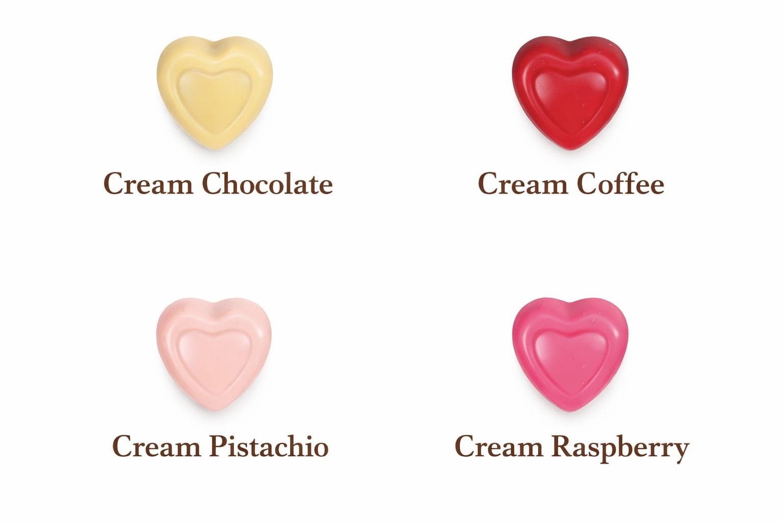 Heart-shaped chocolate candies in different flavors on a white background