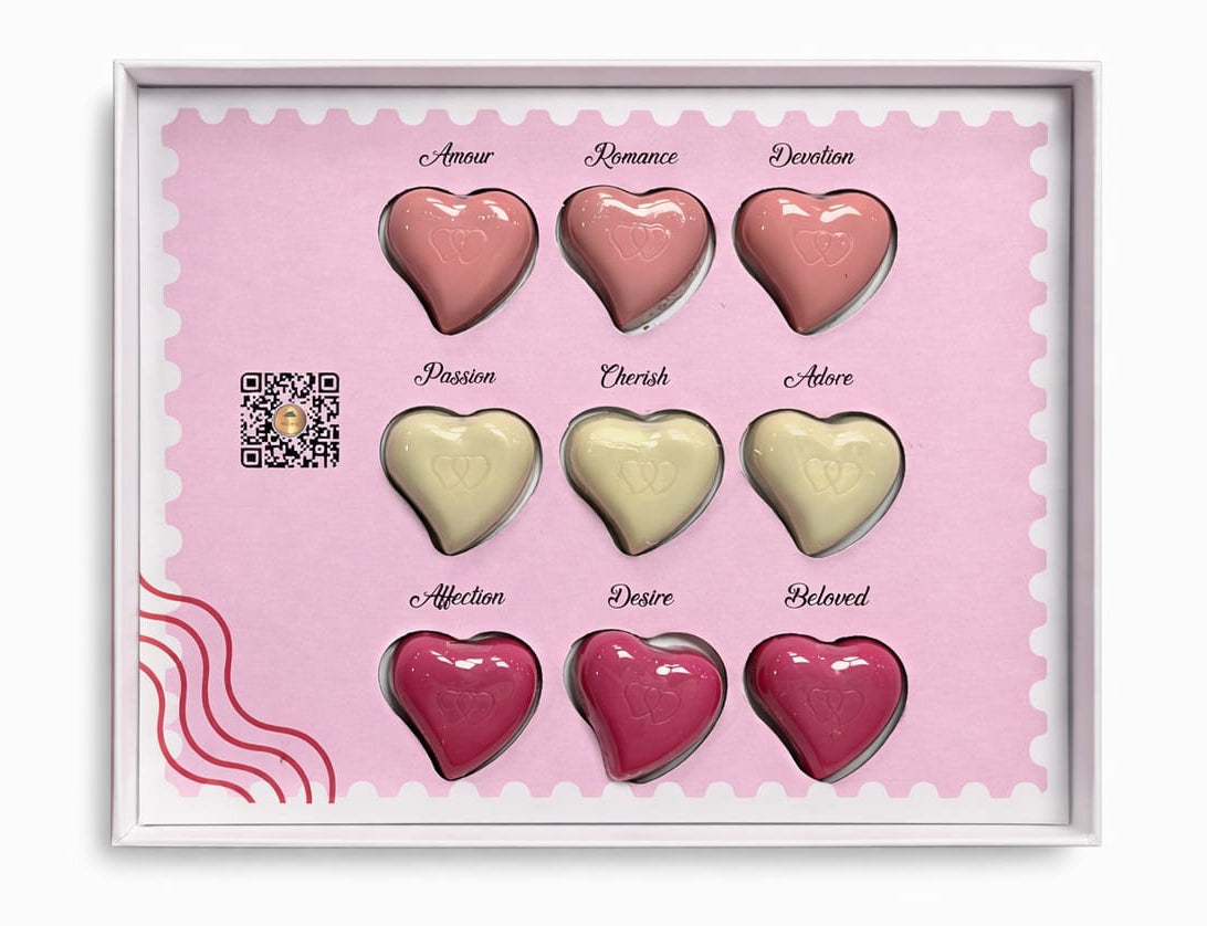Set of heart-shaped lip balms on a pink background with labels