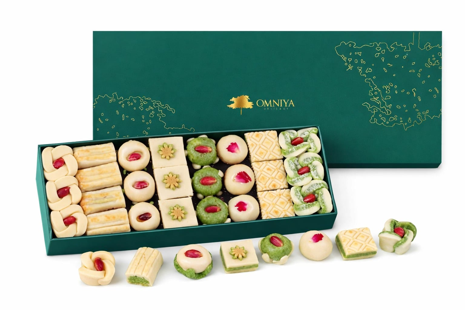 OMNIYA Delicacy Marzipan Lozina Box (1 LB, 25 Pieces) – Premium Mediterranean Marzipan Sweets with Pistachio & Rose – Gourmet Gift Box for Eid, Christmas, Weddings & Special Occasions