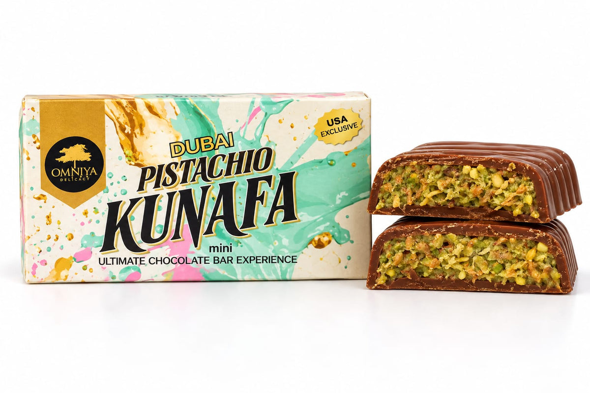 OMNIYA Delicacy Mini Dubai Pistachio Kunafa Chocolate Bar 40g – Belgian Milk Chocolate with Crispy Kunafa & Pistachio Cream Filling – Viral Middle Eastern Gourmet Treat