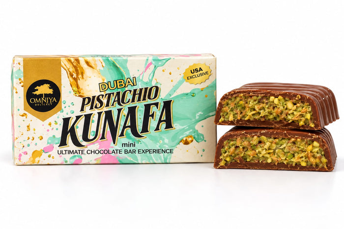 OMNIYA Delicacy Mini Dubai Pistachio Kunafa Chocolate Bar 40g – Belgian Milk Chocolate with Crispy Kunafa & Pistachio Cream Filling – Viral Middle Eastern Gourmet Treat