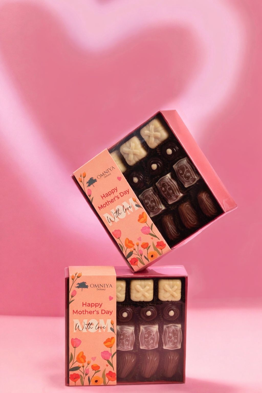 Omniya Delicacy Mother's Day Chocolate Box – Elegant Assorted Chocolates with Cheesecake, Pistachio, Rice Crispy, and Caramel Delights – Perfect Gift for Loved Ones" (19 PCS)