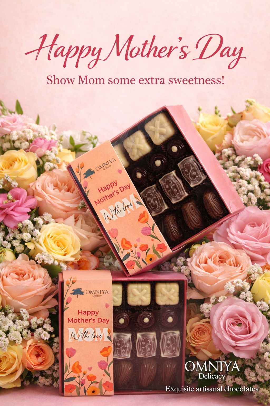 Omniya Delicacy Mother's Day Chocolate Box – Elegant Assorted Chocolates with Cheesecake, Pistachio, Rice Crispy, and Caramel Delights – Perfect Gift for Loved Ones" (19 PCS)