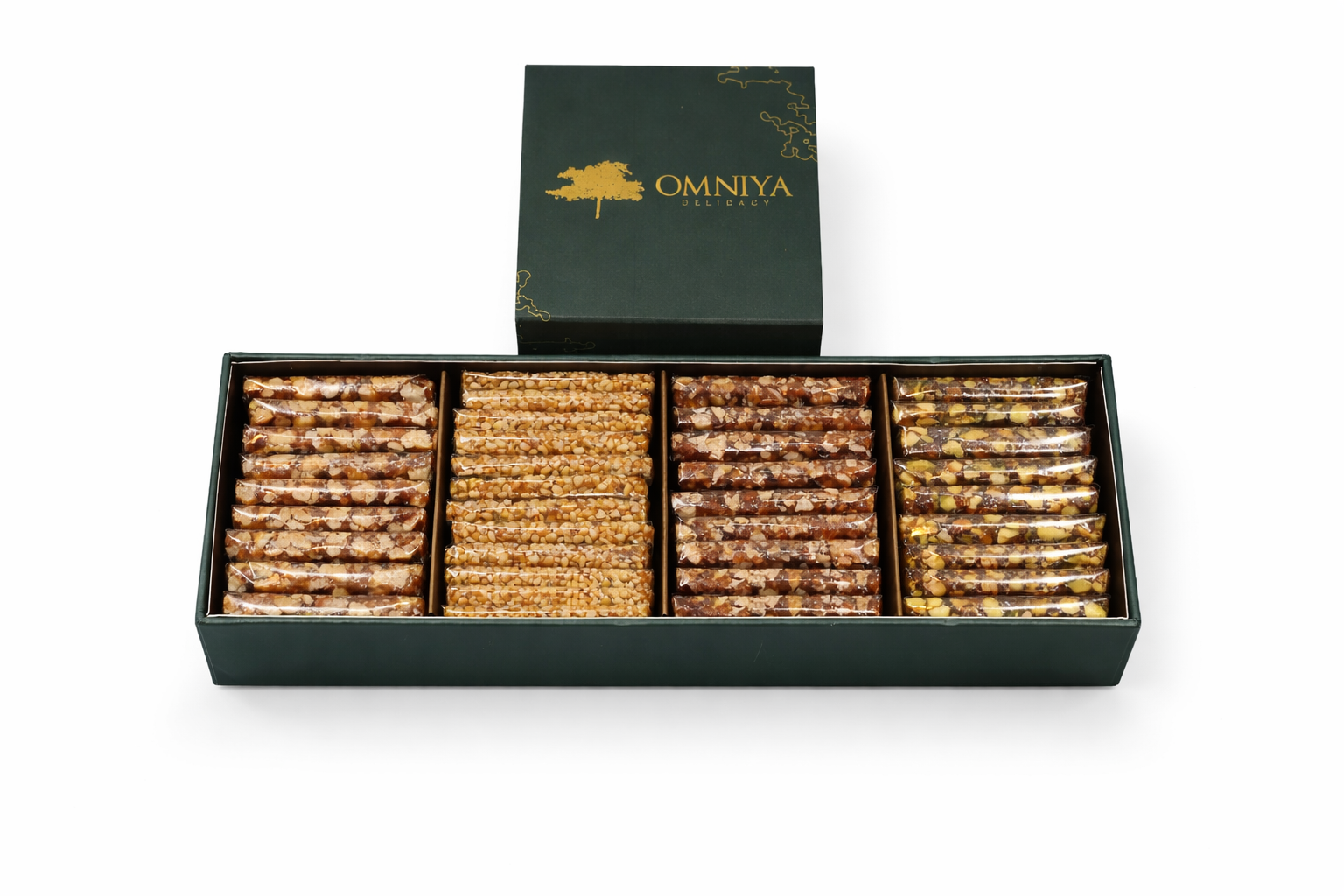 OMNIYA Delicacy – Indigo Croquant Box (1 Count) – Crispy Hazelnut, Pistachio, Almond & Sesame Croquant Bars – Mediterranean Gourmet Snack – Elegant Gift for Holidays, Birthdays & Special Occasions